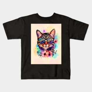 Cool Cat with Sunglasses Watercolor Flowers Kitty Kids T-Shirt